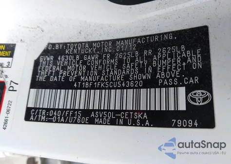 2012 Toyota Camry Se from USA, damaged, VIN 4T1BF1FK5CU543620